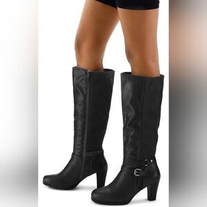 NWT Black Knee High Heeled Boots | Faux Leather Riding Style w/ Buckle - Size 9